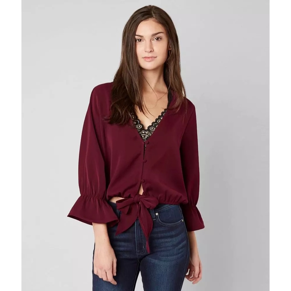 Red by BKE | Burgundy Tie Front Bell Sleeve Blouse V-Neck XS